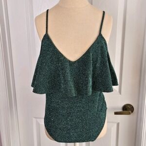 Zara Green Knit Sparkle Ruffle Bodysuit Size L‎ Holiday Glitter Snap Crotch
